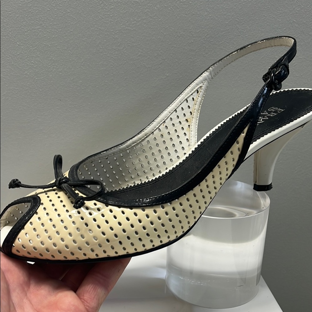 Franco Sarto Cream and Black Heels with Perforated Leather - Picture 1 of 8